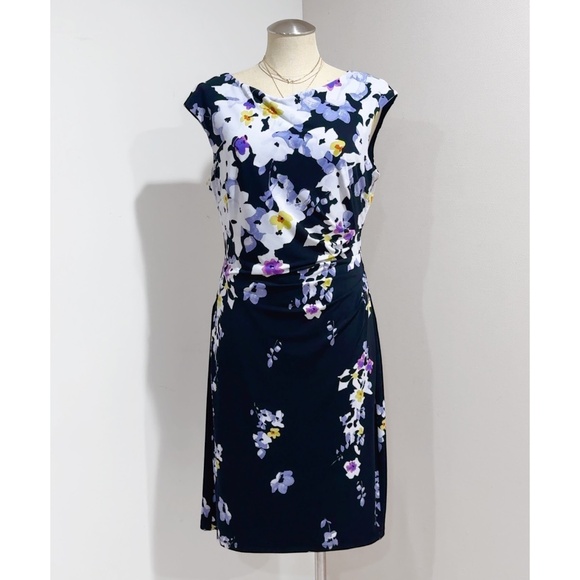Lauren Ralph Lauren Women's Black Combo Floral Print Ruched Jersey Dress Size 14 - Picture 1 of 8